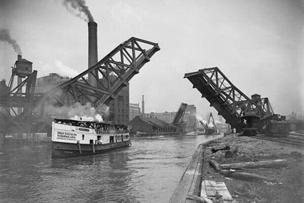 12th St. Bascule Bridge Lifts to Let Excursion Boat Through - Art Print