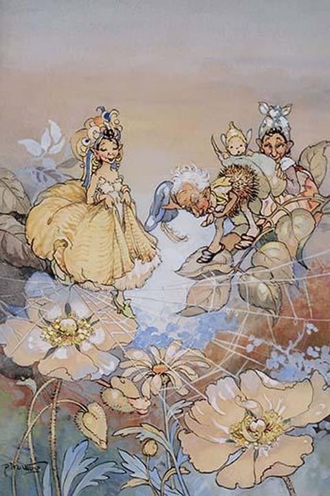 A Fairy Crossing a Spider's Web Whist Another Daffs His Cap by Peg Maltby - Art Print