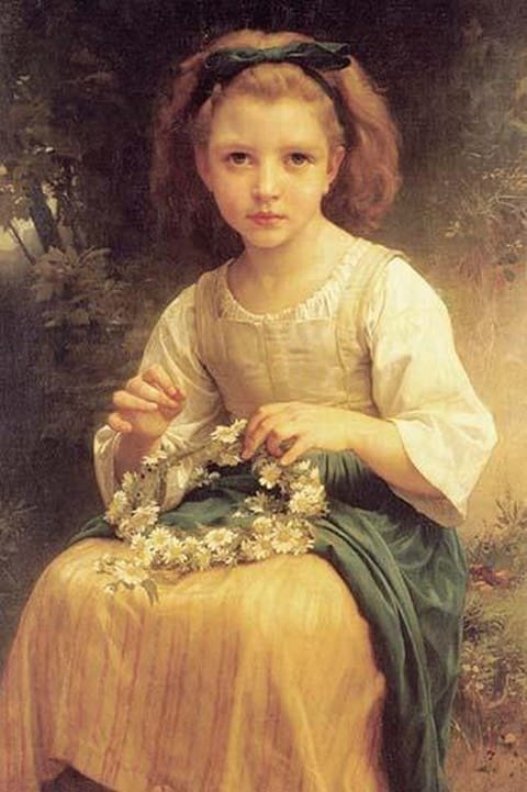 A Young Girl braids a Garland Crown of Flowers by William Bouguereau - Art Print