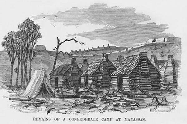 Abandoned Confederate log cabins at Manassas by Frank Leslie - Art Print