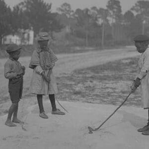 African American Children pretend to play golf on country road - Art Print