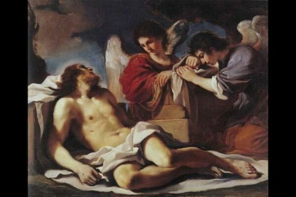 Angels weeping over the dead Christ by Guercino - Art Print