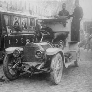 Armored Automobile juxtaposed with Trolley Car & Horse Team on a City Street in Turkey - Art Print