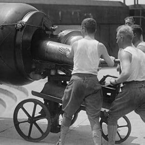 Artillery Men in Training Load Big Gun with Massive Shell - Art Print