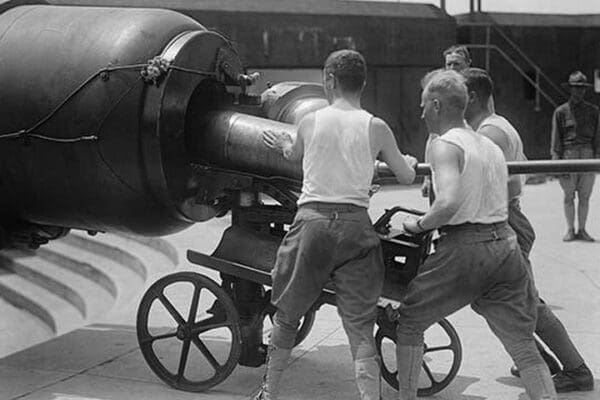 Artillery Men in Training Load Big Gun with Massive Shell - Art Print