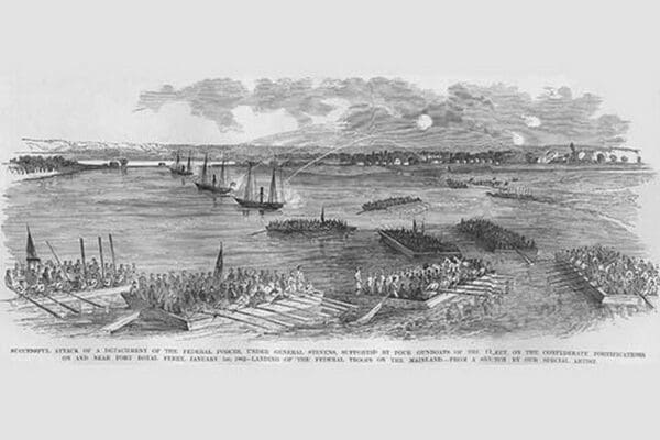 Attack on Port Royal under Stevens with gunboats & bombardment by Frank Leslie - Art Print