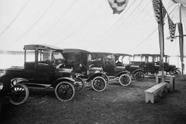 Automobiles on Display in Showroom Interior - Art Print