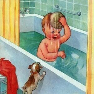 Barking Puppy Sponge Bath by Mildred Plew Merryman - Art Print