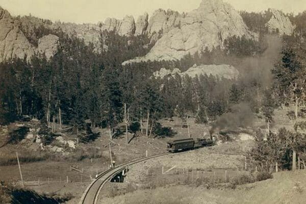 Birds-eye view of locomotive on a Horse Shoe Curve - Art Print