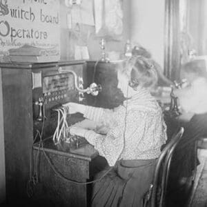 Blind girls operating telephone switchboard - Art Print