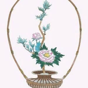 Botan (Peony) in a Handheld Basket by Josiah Conder - Art Print