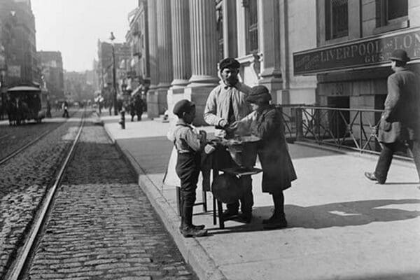 Boys buy peanuts from Street Vendor of 42nd street. NYC - Art Print