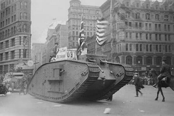 British tank sporting an American Flag tracks down Fifth Avenue