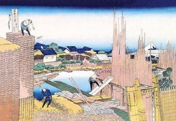 Building in the Village by Hokusai - Art Print