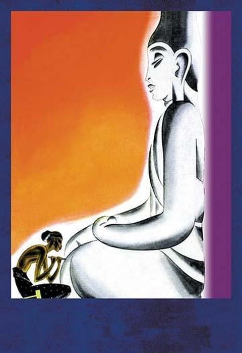 Burmese Sculptor at the knees of Buddha by Frank McIntosh - Art Print