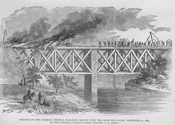 Burning the Georgia Central Railroad Bridge over Ogeechee River by Federal Forces under Colonel Jones by Frank Leslie - Art Print