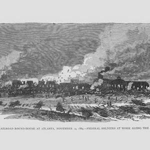 Burning the Railroad Roundhouse in Atlanta by Frank Leslie - Art Print