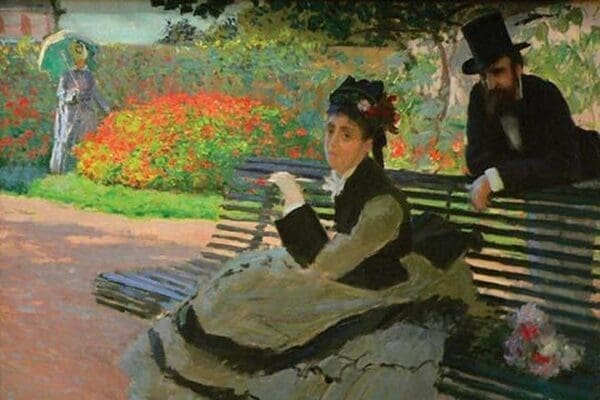 Camille Monet on a garden bench by Claude Monet - Art Print