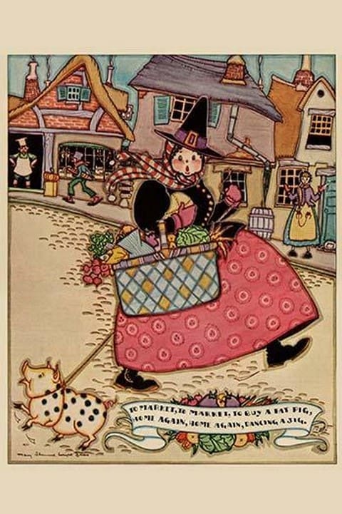 Cartoon Character walks thru and old town carrying a basket of produce by Home Arts #2 - Art Print