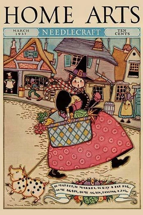 Cartoon Character walks thru and old town carrying a basket of produce by Home Arts - Art Print