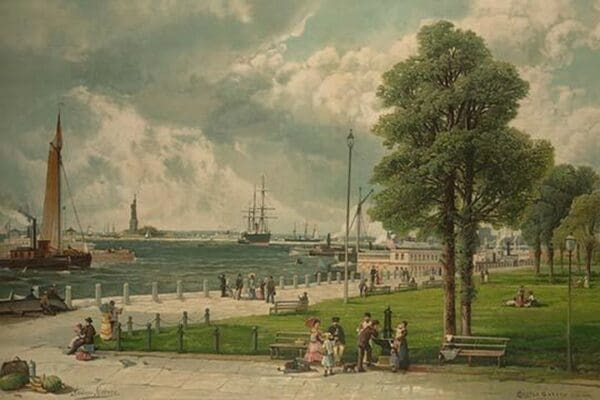 Castle Garden at the tip of Manhattan with the Stature of Liberty in the Distance - Art Print