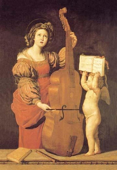 Cherub Holds Music Book for Woman Playing the Cello - Art Print