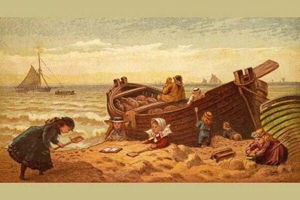 Children make piles of sand at the beach beisde a fisherman's rowboat by Kronheim & Dalziels - Art Print