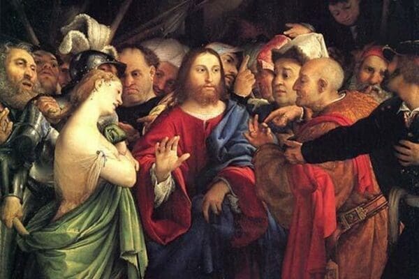 Christ and the adulteress by Lotto by Lorenzo Lotto - Art Print