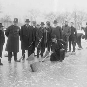 Curling in Central Park with Men having Brooms at the ready over the ice. - Art Print