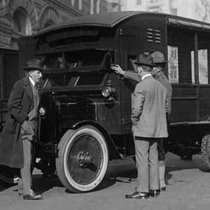 Delivery of New Mail Truck Inspected by four men - Art Print