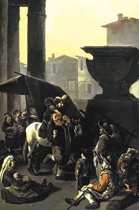 Dentist on Horseback Pulls Tooth in Town Square Before Onlookers by Johannes Lingelbach - Art Print