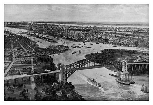 East River and Hell Gate Bridge by Moses King - Art Print