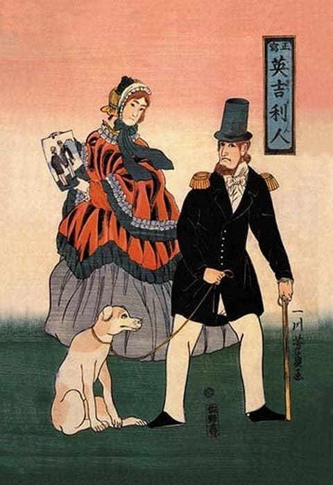 English Couple with Dog Look at Painting - Art Print