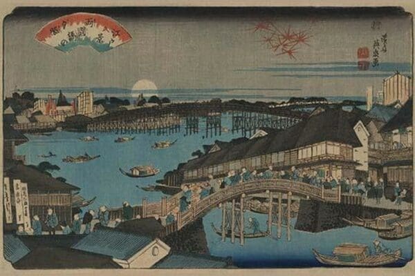 Evening glow at Ryogoku Bridge. by Ikeda Eisen - Art Print