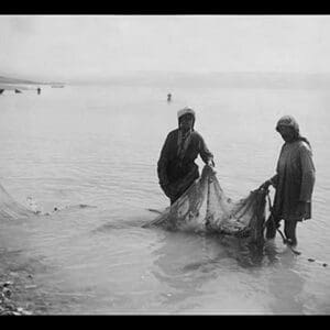 Fisherman Toiling with the Nets on the Sea of Galilee by American Colony in Jerusalem Photograhic Department - Art Print