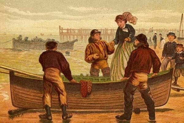 Fisherman help a Mother into a rowboat at the beach by Kronheim & Dalziels - Art Print