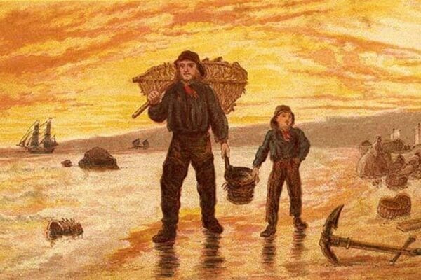 Fisherman & his son carry baskets on the beach past an anchor by Kronheim & Dalziels - Art Print