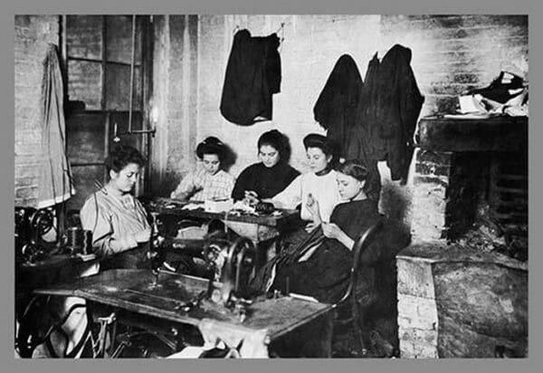 Five Immigrant Women Sit at a Table and Sew - Art Print