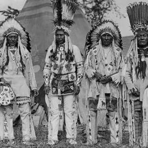 Four Native American Chiefs in Traditional Clothing and Feathered Bonnet - Art Print