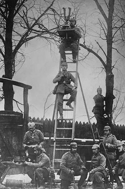 German Unit of Field Observers on ladders and with binoculars - Art Print