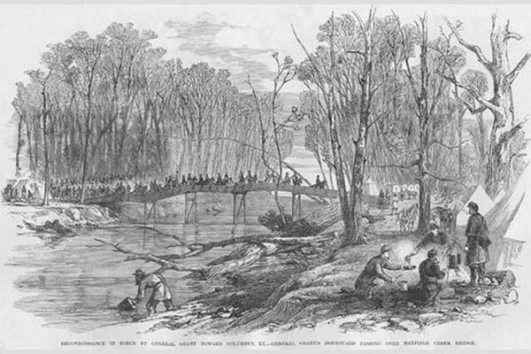 Grant's Reconnaissance Party passes over Mayfield Creek Bridge by Frank Leslie - Art Print