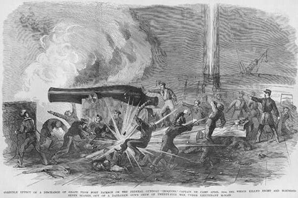 Grape Explosion from Fort Jackson creates havoc on Gunboat Iroquois by Frank Leslie - Art Print