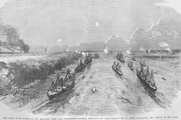 Great Naval Battle on the Mississippi - Bombardment by Federal Schooners by Frank Leslie - Art Print