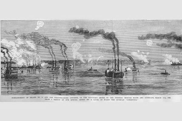 Gunboats shell Island 0 on the Mississippi by Frank Leslie #2 - Art Print