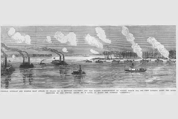 Gunboats shell Island 0 on the Mississippi by Frank Leslie - Art Print