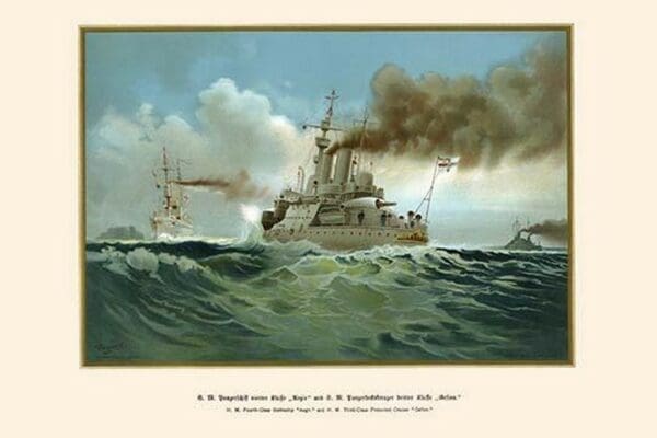 H.M 4th Class Battleship 'Aegir' & H.M. 3rd Class Protected Cruiser Gesion' by G. Arnold - Art Print