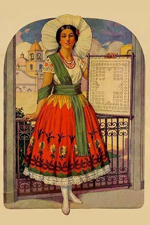 Hispanic holds up a lace design on a frame by Needlecraft Magazine #2 - Art Print