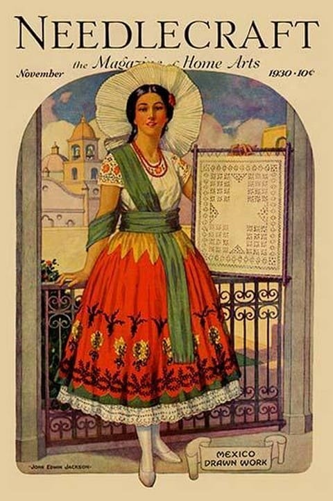 Hispanic holds up a lace design on a frame by Needlecraft Magazine - Art Print