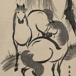 Horses under a willow tree. by Shunsen Katsukawa - Art Print