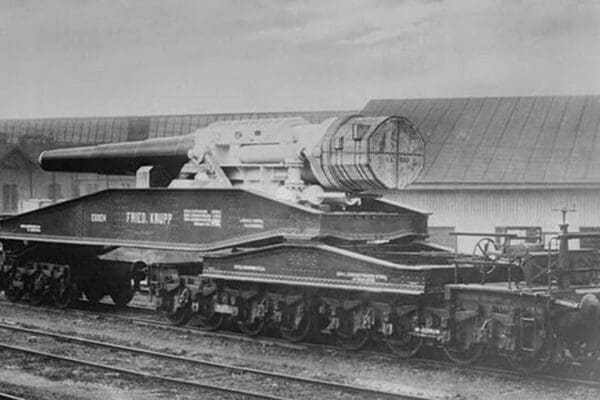 Huge Krupp Manufactured German Artillery Cannon being transported by Rail Car - Art Print